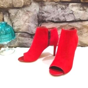 Joie Gwen Ankle Boots Peeptoe Chili Red Suede Full Leather Peekaboo Heels US 7